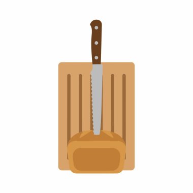 Düz bir vektör çizimi tırtıklı ekmek bıçağının oyulmuş ahşap bir kesme tahtasıyla bir somun ekmeği kesmesi. İzole mutfak gereçleri ve gıda konsepti.