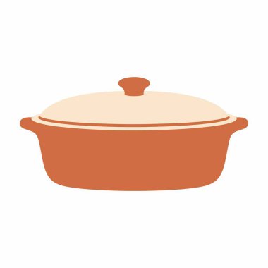 Portakallı seramik tencerenin minimalist bir simgesi ya da krem rengi kapaklı Hollanda fırını. Pişirmek, pişirmek ya da kızartmak için mutfak malzemesi..
