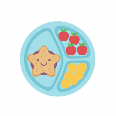 Mavi bölmeli tabakta sunulan eğlenceli ve sağlıklı bir çocuk menüsünde gülümseyen yıldız şeklinde bir sandviç, taze kırmızı elmalar ve çırpılmış yumurtalar var. Düz vektör çizimi beyaz arkaplanda izole edildi.
