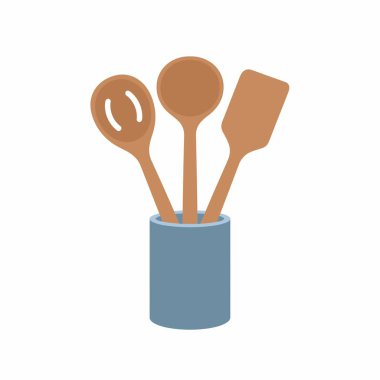 Temel ahşap mutfak aletlerinin düz vektör çizimi. Slotted kaşık, sert kaşık ve spatula gibi. Basit mavi silindirik bir kapta düzgün bir şekilde düzenlenmiş..