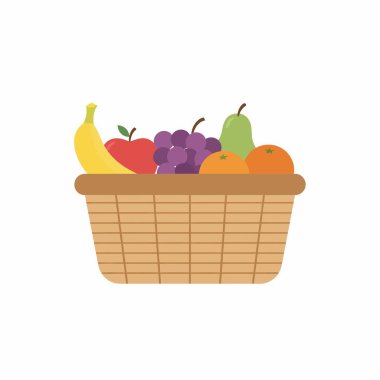Beyaz arka planda izole edilmiş muz, elma, üzüm, armut ve portakallar gibi çeşitli taze meyvelerle dolu kahverengi bir hasır sepetinin düz vektör çizimi.