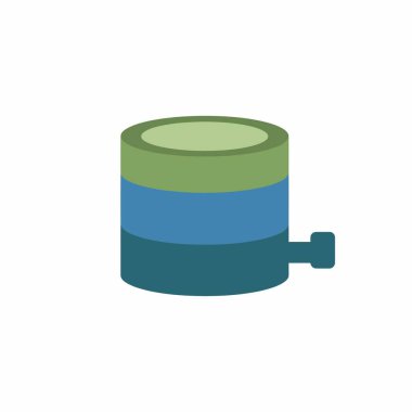 Yeşil mavi ve deniz mavisi katmanlı silindirik bir kabın düz vektör çizimi. Alt katmandan küçük bir fışkırma uzanıyor. Minimalist simge tasarımı.