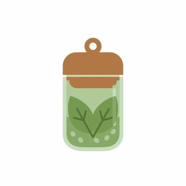 Yeşil sıvı, iki yaprak ve kabarcıklar içeren şeffaf bir kavanozun düz vektör simgesi. Kavanozun yüzüklü kahverengi bir kapağı var. Tılsım ya da anahtarlık için mükemmel..