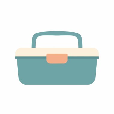 Taşınabilir bir araç kutusunun düz tasarım vektör simgesi. Konteynır açık renk kapaklı, turuncu mandallı ve saplı bir deniz mavisi. Kolay kullanım için beyaz bir arkaplanda izole.