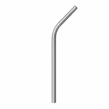 Tekrar kullanılabilen tek bir metal, paslanmaz çelikten yapılmış pipetle yukarısında hafif bir kıvrım var. Plastiğe karşı çevre dostu ve sürdürülebilir bir alternatif, beyaz arka planda izole edilmiş..