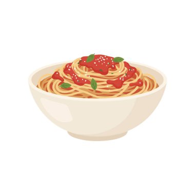 Klasik İtalyan yemeğinin basit bir temsili, domates soslu ve fesleğenli spagetti, beyaz bir kasede servis edilir ve beyaz arka planda izole edilir..