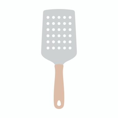 Yuvarlak bir mutfak çeviricisinin düz vektör çizimi. Metal bıçağın kare delikleri var ve pişirme ve kızartma için basit bir açık kahverengi sapı var..
