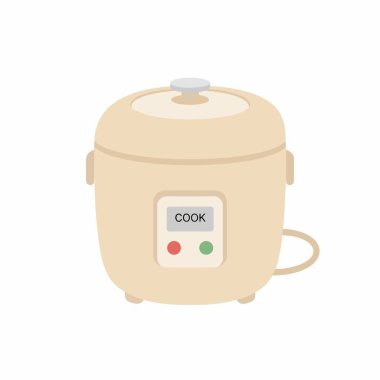 Modern bej elektrikli pirinç fırınının düz vektör çizimi. Mutfak aleti kapağı kapalı ve beyaz arka planda izole edilmiş basit bir kontrol paneli ile gösterilir..