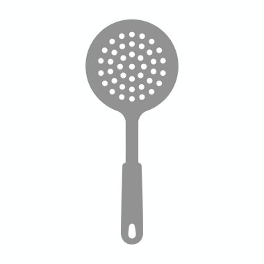 Basit bir gri siluet simgesi. Süzmek için kullanılan sıradan bir mutfak aleti. Sade beyaz arka planda izole edilmiş. Düz vektör illüstrasyonu.