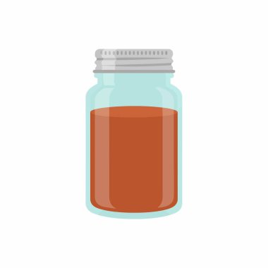 Kahverengi veya kehribar renkli sıvı içeren küçük bir cam kavanozun basit düz bir çizimi. Konteynırın gümüş bir vida kapağı var ve temiz beyaz arka planda resmedilmiş..