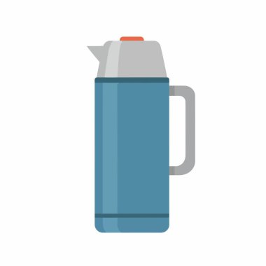 Mavi termos ya da vakum tüpünün düz vektör simgesi. Bu yalıtılmış kabın sapı kahve, çay ya da kamp sırasında sıcak tutmak için mükemmeldir..