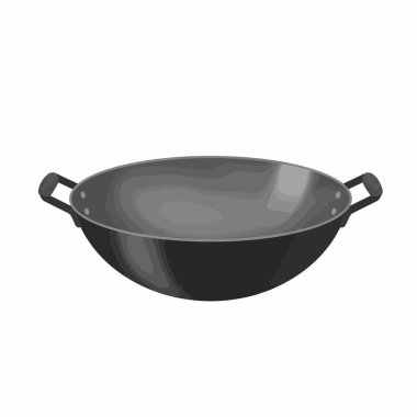 Koyu metalden yapılmış geleneksel bir Asya yemek pişirme tavası. Çift saplı bu yuvarlak dipli tava kızartma için mükemmeldir ve temiz beyaz bir arkaplanda izole edilmiş olarak gösterilir..