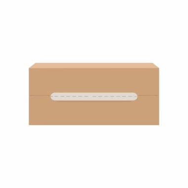 Kapalı bir dikdörtgen kahverengi karton kutunun ya da önünde beyaz bir etiket bulunan bir paketin düz vektör çizimi. Lojistik, dağıtım ve e-ticaret kavramları için ideal..