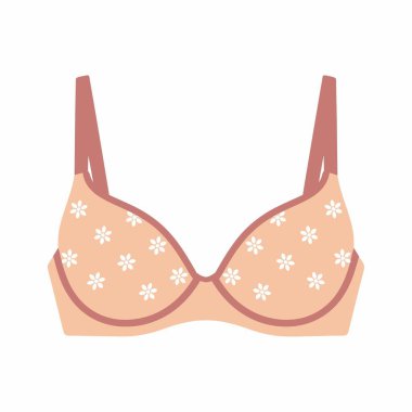 Feminen şeftali renkli sütyenin düz vektör çizimi. Bu iç çamaşırı parçasında küçük beyaz çiçeklerden oluşan sevimli bir desen var ve koyu renk kayışlar ve süslemeler var..