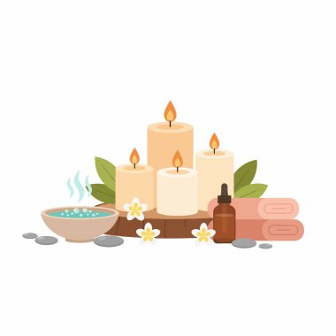 Beyaz arka planda yanan mumlar, bir kase aromatik su, gerekli yağ, rulo havlular, taşlar ve tesisat çiçeklerinin yer aldığı bir spa ve sağlık ortamının vektör çizimi.