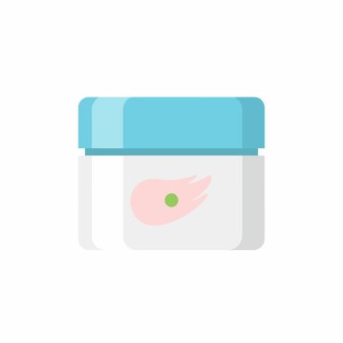 Kozmetik krem kabının basit bir düz tasarım ikonu. Kavanoz beyaz, açık mavi kapaklı ve pembe etiketli. Güzellik ve cilt ürünleri sunar.