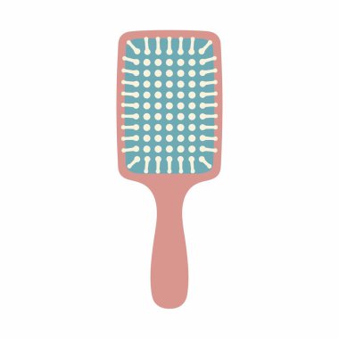 Beyaz arka planda izole edilmiş pembe bir saç fırçasının düz çizgi film stili çizimi. Güzellik ve saç bakım kavramları için basit ve temiz bir vektör grafiği.