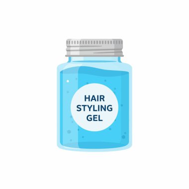 Bir kavanoz mavi saç şekillendirme jölesinin karikatür çizimi. Konteynır, beyaz arka planda izole edilmiş gümüş bir vida kapağı ve beyaz bir etiketle şeffaf..