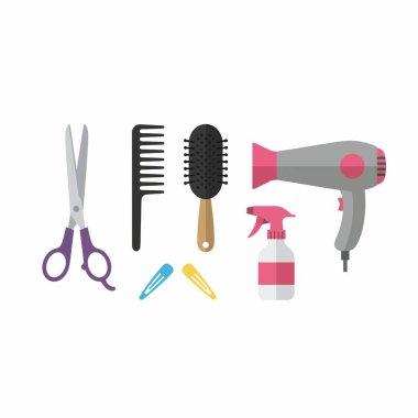 Makas, tarak, fırça, saç kurutma makinesi, sprey şişesi ve saç tokaları da dahil olmak üzere profesyonel saç şekillendirme ve berber aletlerinden oluşan bir koleksiyon..