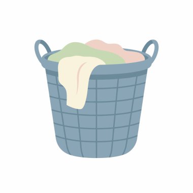 Renkli kıyafetlerle dolu mavi bir çamaşır sepetinin basit bir düz vektör çizimi. Bu simge ev işlerini, çamaşır gününü ve genel temizlik görevlerini temsil ediyor. Beyaz bir arkaplanda izole edilmiş.