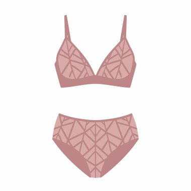Üçgen sutyen ve yüksek bel külot da dahil olmak üzere çok güzel bir kadın iç çamaşırı seti. İç çamaşırı modern geometrik dantel desenli narin pembe bir renge sahiptir..