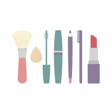 Makyaj seti ve kozmetik uygulama araçları arasında fırça, sünger, rimel, kalem, tarak ve ruj da var. Düz tasarım vektör çizimi beyaz arkaplanda izole edildi.