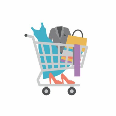 Elbise, ceket, el çantası, alışveriş çantası ve yüksek topuklularla dolu bir alışveriş arabasının düz vektör ikonu. Beyaz arka planda moda, perakende ve tüketim kavramı.