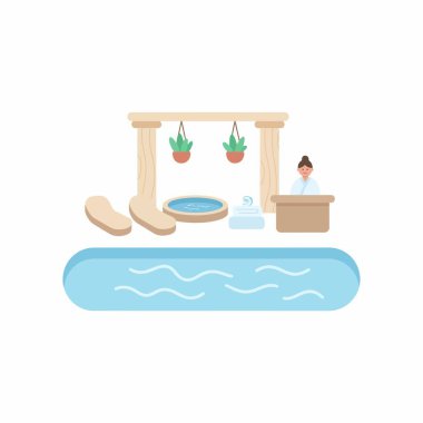 Geniş bir yüzme havuzu, şezlonglar, jakuzi ve resepsiyon alanı içeren sakin bir spa seti. Düz vektör çizimi beyaz arkaplanda izole edildi.