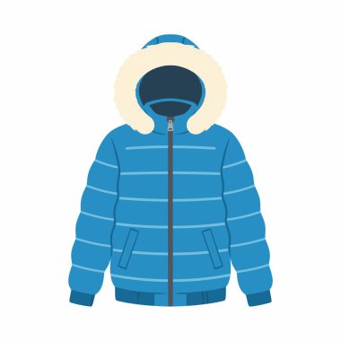 Sıcak mavi bir kış kirpi ceketinin düz vektör çizimi. Bu yalıtılmış dış giysi fermuar, cepler ve soğuk hava koruması için kürk kaplı bir kaput içeriyor, beyaz bir arka planda izole edilmiş.