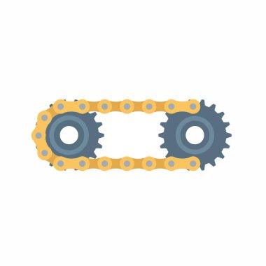 Mekanik zincir ve dişli sisteminin düz tasarım simgesi. Bu grafik, beyaz arka planda izole edilmiş güç iletimi, mühendislik ve makine parçalarını temsil eder..