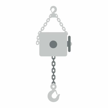 Mekanik zincir bloğunun ya da kaldırmanın düz tasarım simgesi. Bu endüstriyel araç gri bir konut, zincirler ve kaldırma ve inşaat amaçlı büyük bir kancaya sahiptir..