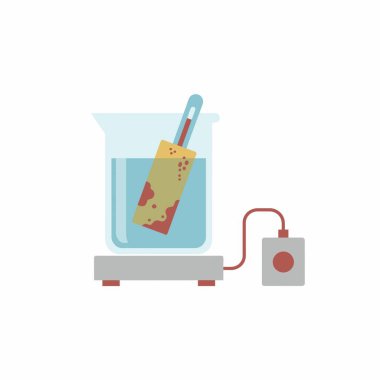 Elektrokimya deneyi için bilimsel bir laboratuvar kurulumunu gösteren düz bir vektör grafiği elektrolit, elektrot ve elektrikli ocak içeren bir beher gösteriyor..