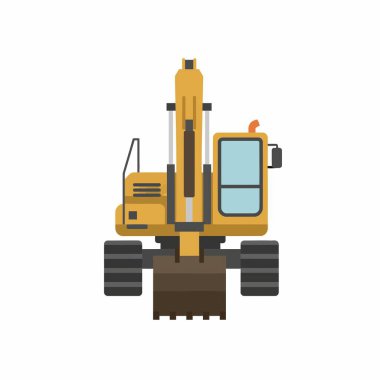 Önden gösterilen sarı tekerlekli bir kazıcının düz vektör çizimi. Bu ağır inşaat makineleri, tasarım projelerinde kolay kullanım için beyaz bir arkaplanda izole edilmiştir..