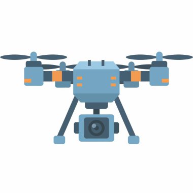 Beyaz bir arka planda izole edilmiş hava gözlemi veya fotoğraf makinesi ile donatılmış modern bir kuadkopter insansız hava aracının düz vektör çizimi..