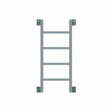 Basit bir gri endüstriyel merdivenin düz vektör çizimi. Bu sabit merdiven güvenli eklenti için birden fazla basamak, yan raylar ve montaj parantezleri içerir.