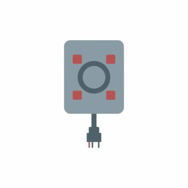 Gri bir elektronik sensör ya da giriş modülünü tasvir eden düz bir tasarım simgesi. Merkezi dairesel bir düğme, dört kırmızı kare gösterge ve üç pimli bir siyah kablo içeriyor..