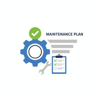 Vites, ingiliz anahtarı ve listenin yer aldığı bir bakım planının vektör çizimi. Zamanlanmış servisi, teknik desteği ve sistem denetimlerini simgeler.