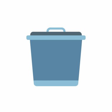 A simple flat design vector graphic of a blue garbage container with a closed lid. Symbol for trash, recycling, waste disposal, and environmental cleanliness.