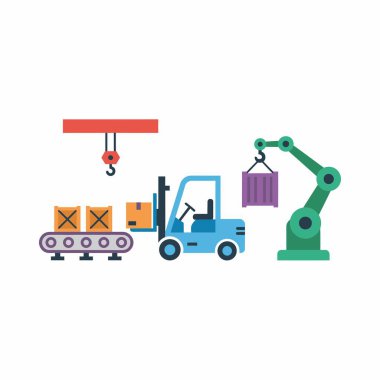 Lojistik ve üretim konseptleri için bir forklift, taşıyıcı bant, üstten vinç ve otomatik robotik kol içeren düz tasarım endüstriyel makine ikonları koleksiyonu.