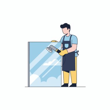 Profesyonel bir tamircinin ya da fabrika işçisinin, cam cilalamak ya da akrilik çarşaf parlatmak için cilalama makinesi kullanmasının düz vektör çizimi. Beyaz bir arkaplanda izole edilmiş.