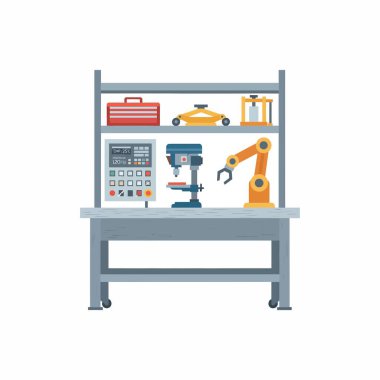 Robot bir kol, matkap presi, kontrol paneli ve raflardaki araçların yer aldığı, otomasyon ve üretimi temsil eden modern bir endüstriyel çalışma istasyonunun düz bir vektör çizimi.