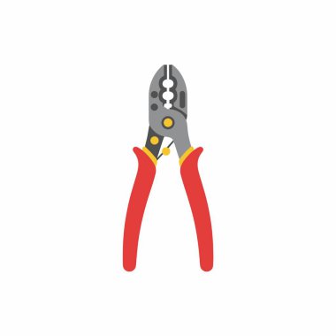 Bir kablo sökücünün düz vektör çizimi, elektrikçiler tarafından elektrik kablolarının yalıtım malzemelerini kesmek ve soymak için kullanılan bir el aleti. Kırmızı kulplar ve çoklu ölçü başlığı.