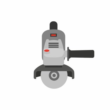 Illustration of a gray angle grinder with a black handle and guard. A powerful electric tool for construction and metalworking, isolated on a white background.