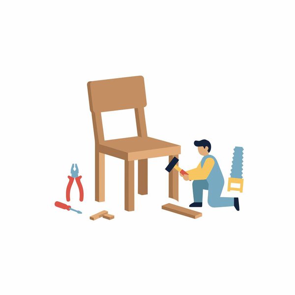 Vector illustration of a person engaged in woodworking, assembling a simple wooden chair with hand tools. Isolated on a white background.