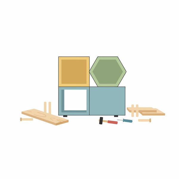 A modern modular shelving unit being assembled. The scene includes wooden planks, a hammer, dowels, and different shaped modules like a square and a hexagon. Flat design.