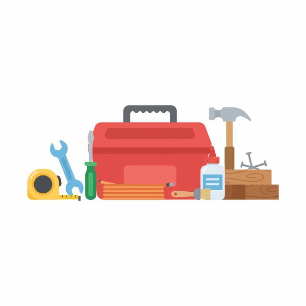 Flat vector illustration of a red toolbox with a hammer, wrench, tape measure, screwdriver, nails, and wood. Concept of DIY, carpentry, and home improvement.