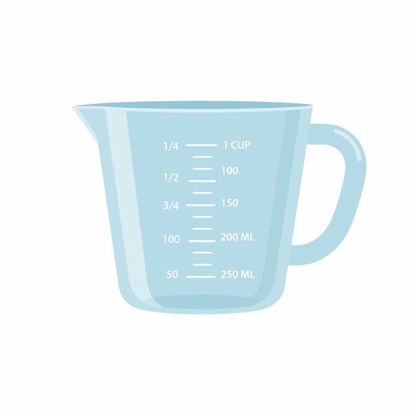 Светло-голубая кухня, измеряющая чашку с ручкой и носиком. Контейнер имеет весы для чашек, унций и миллилитров для приготовления пищи и выпечки. Вектор плоского мультфильма.