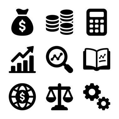 A set of nine solid black icons representing business, finance, and economic concepts like money, growth, analysis, accounting, global markets, balance, and process.