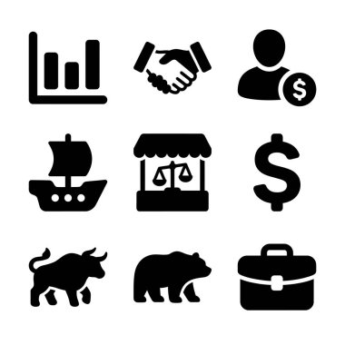 Borsa eğilimleri, boğa ve ayı sembolleri, ticaret, yatırım ve iş anlaşmaları gibi finansal kavramları temsil eden dokuz siyah beyaz simge koleksiyonu.