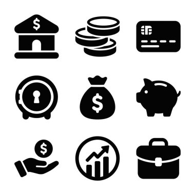 Bankacılık, para, tasarruf, yatırım ve iş gibi finansal kavramları temsil eden dokuz basit siyah simge koleksiyonu. Banka, madeni para, kredi kartı, kasa ve para çantasını içerir.